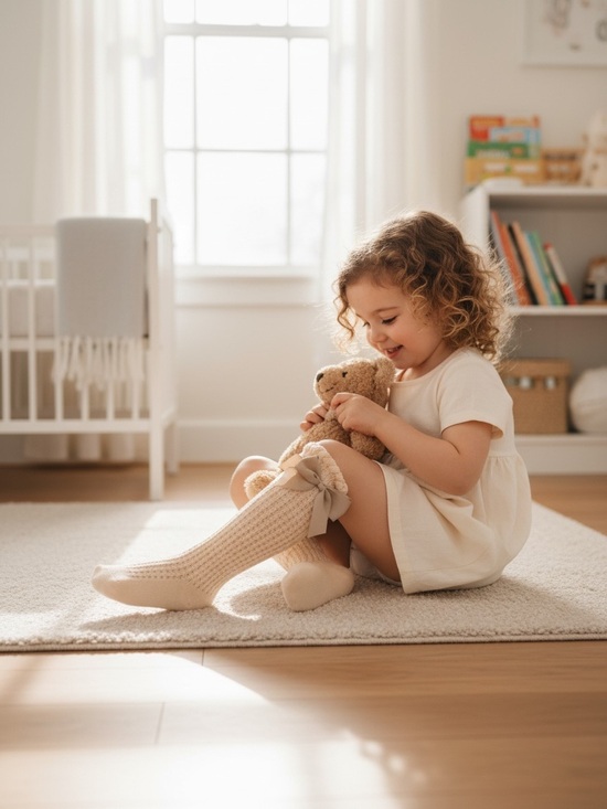 Other - Boho Crochet Knit Toddler Knee High Bow Socks Cream Taupe Size 1-3 Years